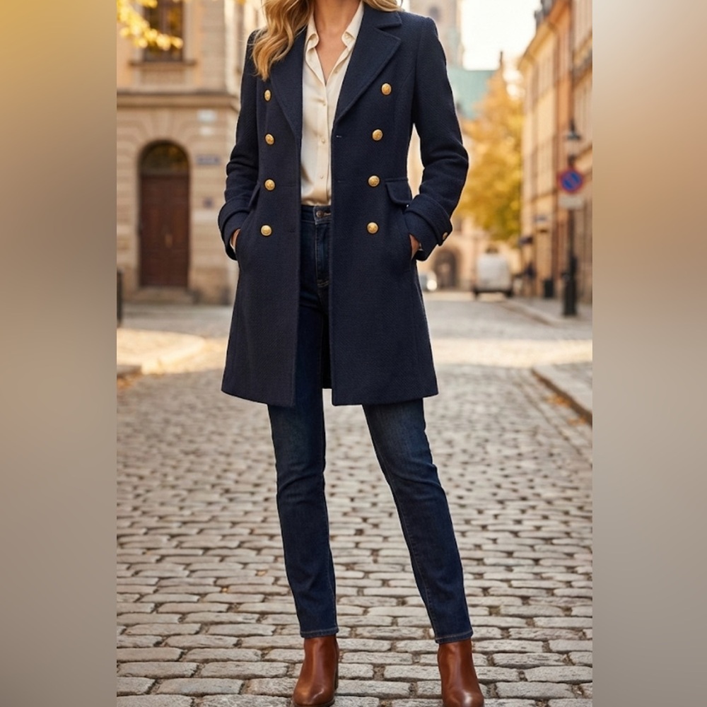 Banana Republic Navy Double-Breasted Coat with Gold Buttons